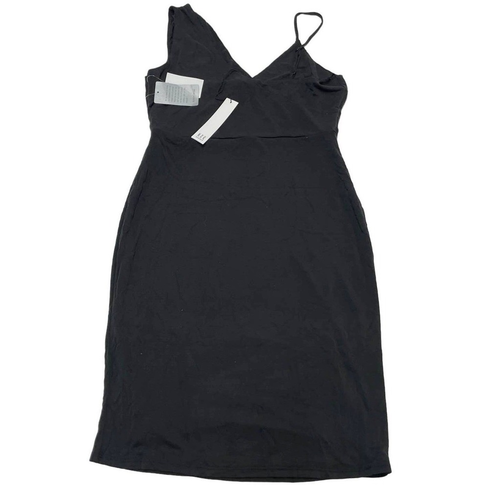 NSR Dress Women Large Black One Shoulder Mini‎ Stretch Ruched Cocktail LBD - Picture 2 of 9